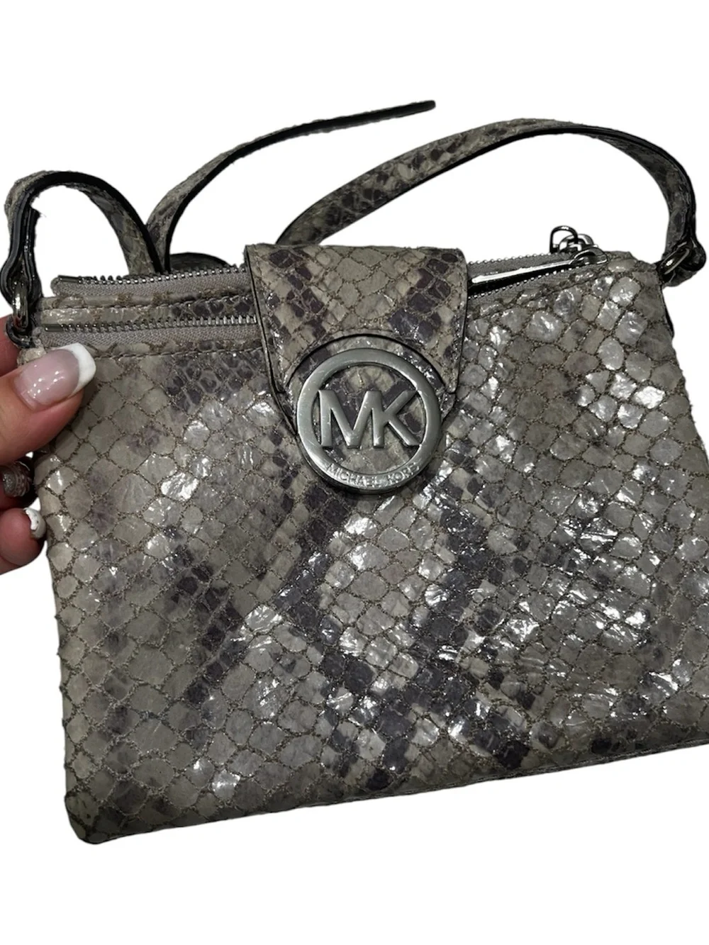 Michael Kors Metallic Gray Snake-Embossed Crossbody Bag
